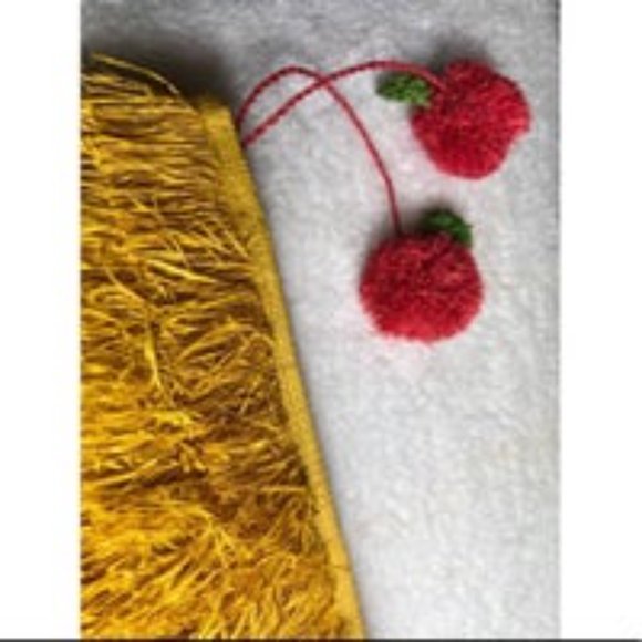 Women's Yellow Fringe Straw Clutch Small Bag Cherry Pom Poms Zip Close - Picture 2 of 7